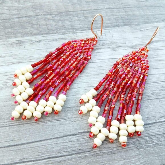 Christmas Beaded Fringe Dangle Earrings, Red & White, 3" - Picture 7 of 8